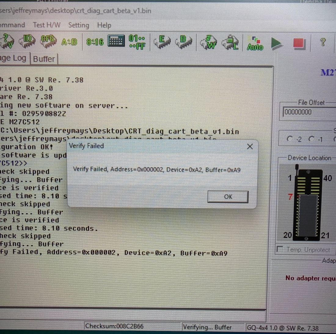DOS hex view of an EPROM byte comparison — bit-flip analysis