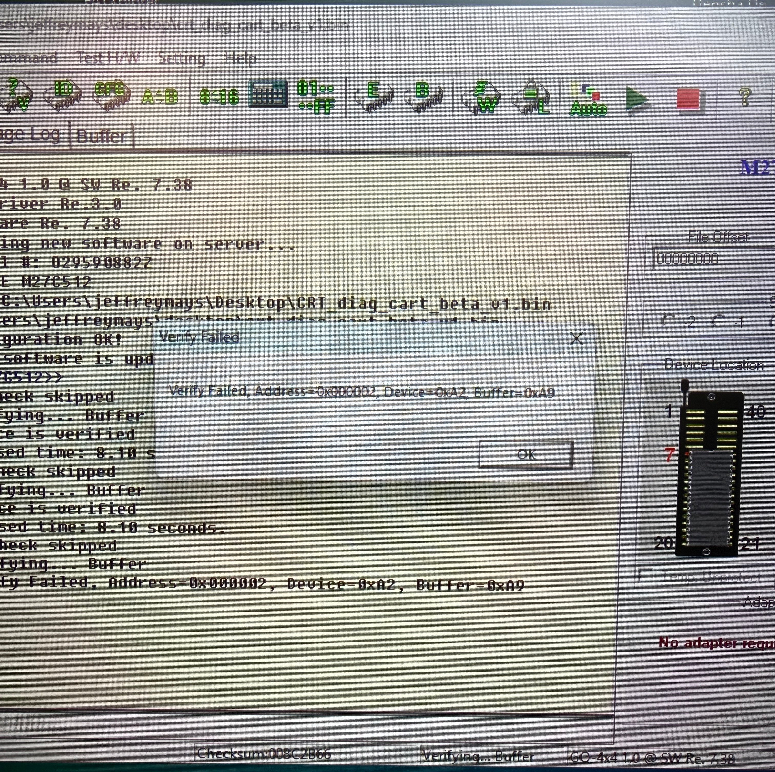 DOS hex view of an EPROM byte comparison — bit-flip analysis