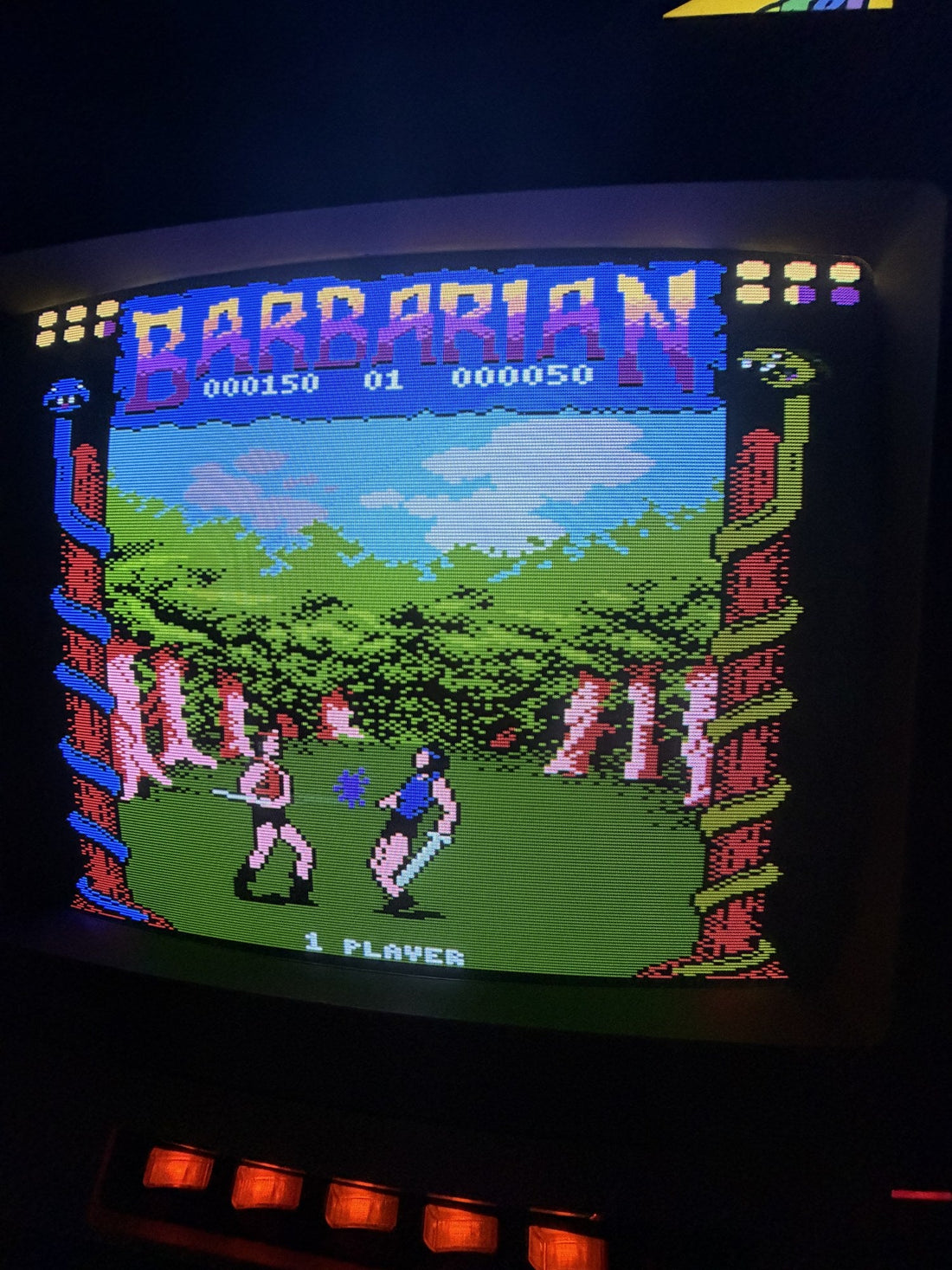 Team Vega's Barbarian, the 2026 Atari 8-bit port, running on a CRT via a MiSTer FPGA.