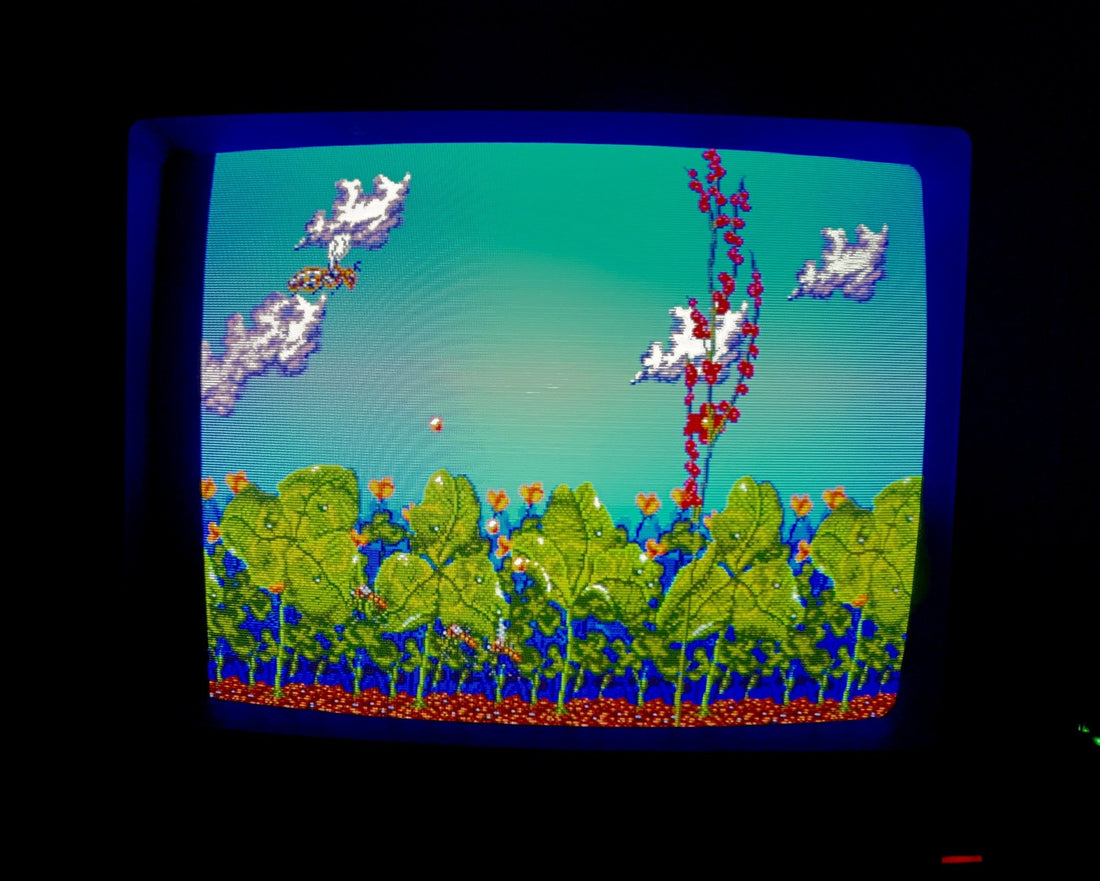 Apidya meadow level gameplay on a Commodore 1084 CRT, running on MiSTer AmigaVision.