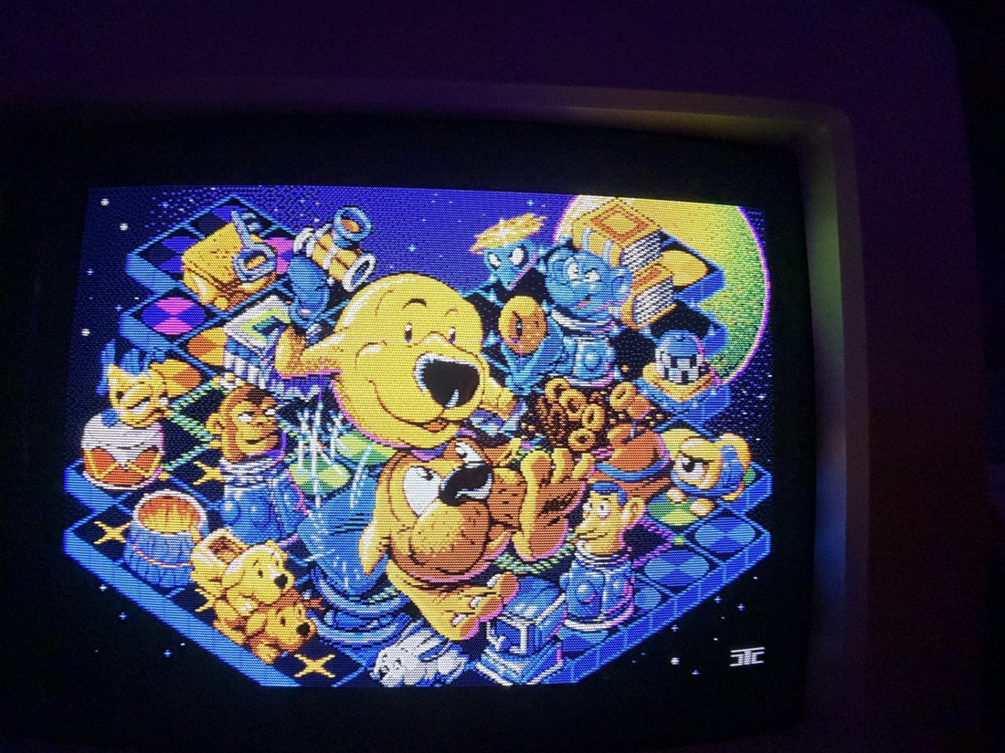 Return to Blacktooth title screen on a CRT: a busy isometric illustration of Head, Heels and Blacktooth's world.